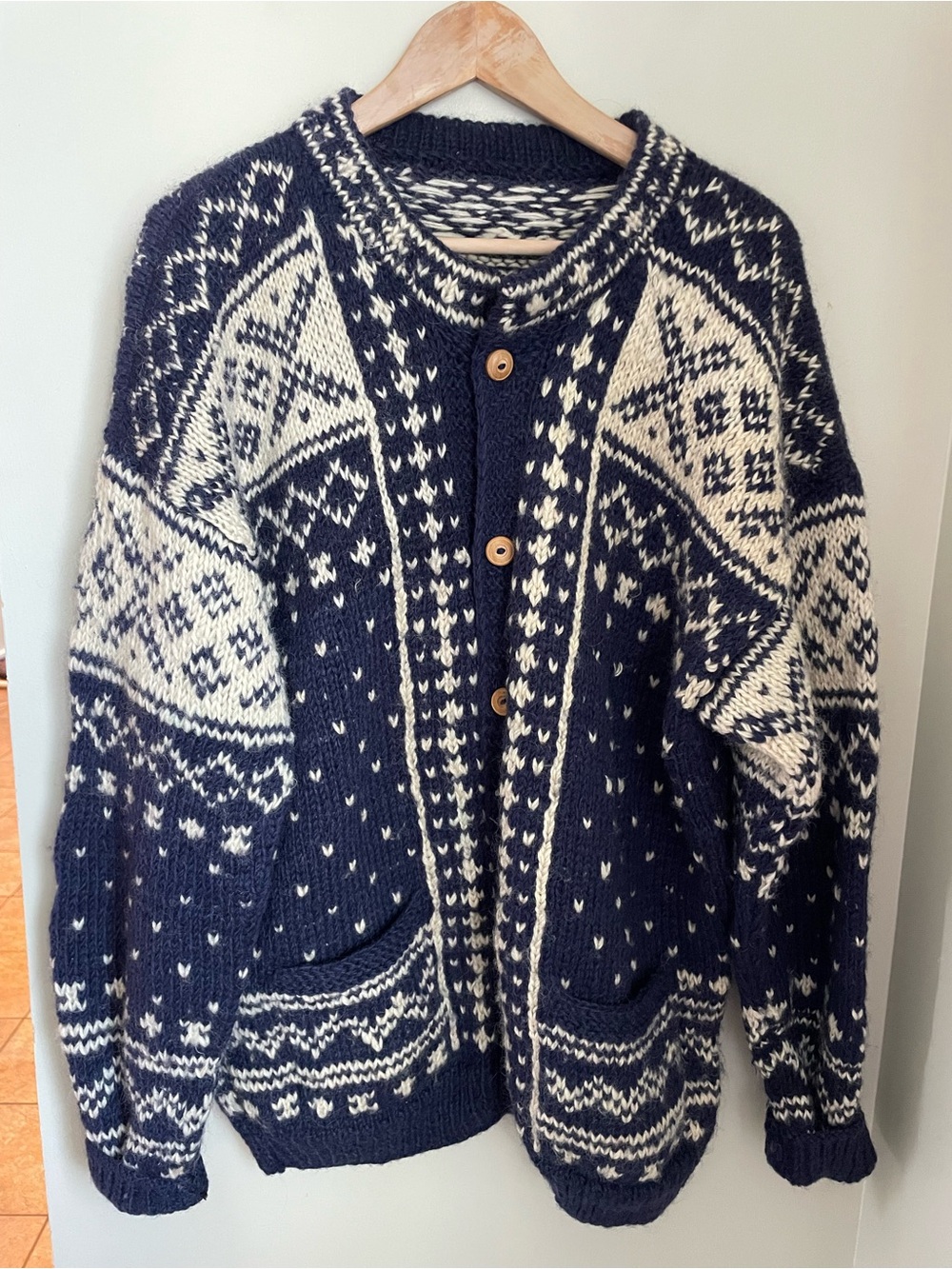 Vintage Hand Knit Nordic Style Wool Cardigan Mens XL Navy Blue Fair Isle Sweater